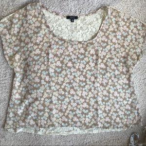 Soprano Tan Lace and Floral Chiffon Sheer Blouse, size Medium